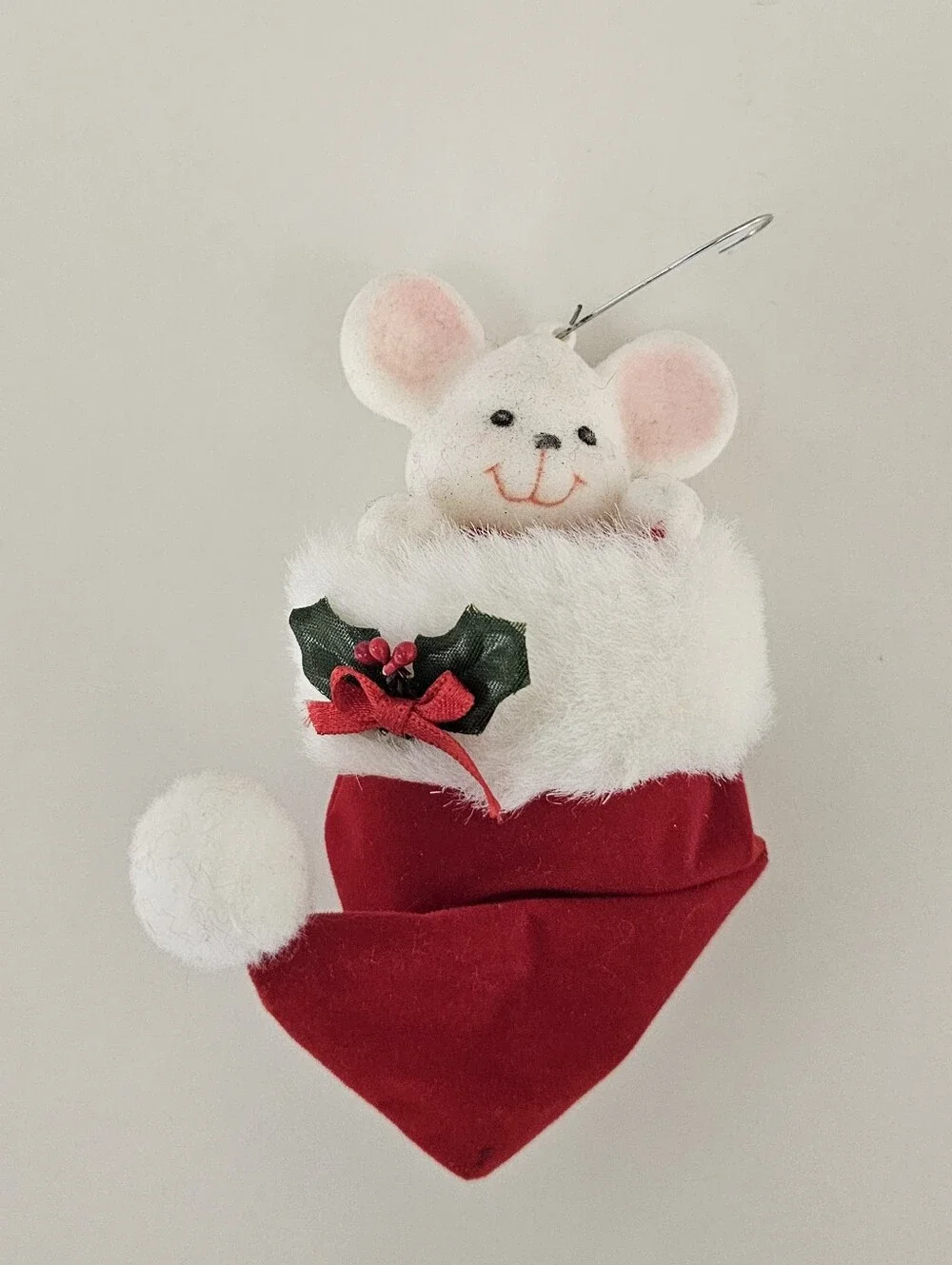 Vintage Flocked Peek A Boo Mouse in Red Christmas Stocking Ornament